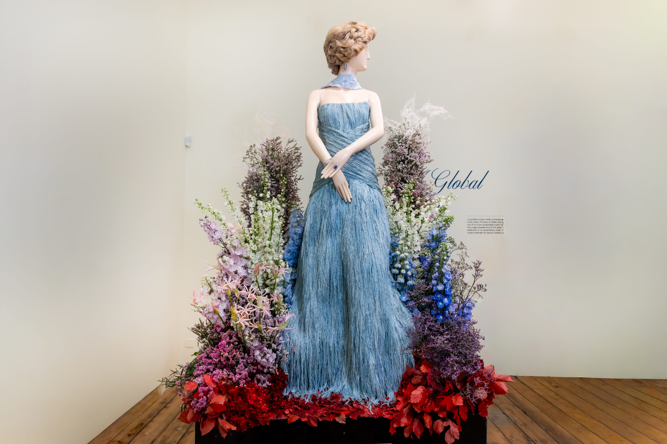 Blue floral mannequin in the Fleurs de Villes DIANA exhibition at Somerset House